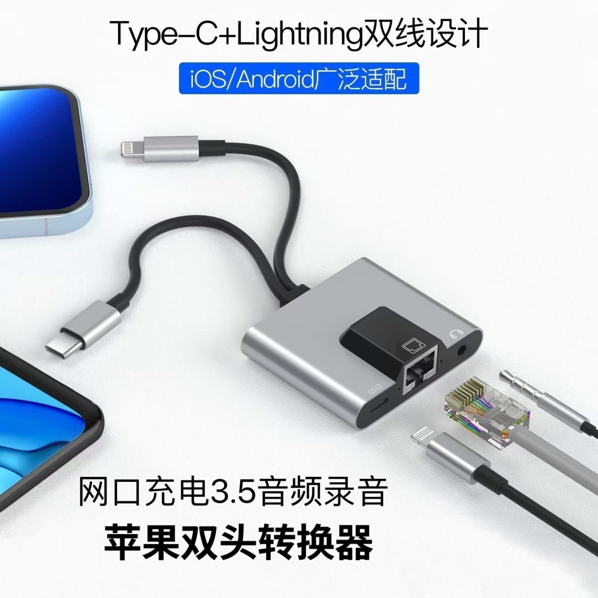 适用苹果安卓手机转网线口转换器充电3.5音频耳机游戏录音转接头