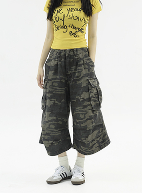 KKBBU美式复古多口袋迷彩工装裤短裤男女宽松直筒阔腿七分裤子潮