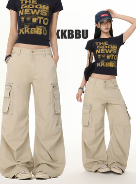 KKBBU美式复古褶皱多口袋工装裤男女宽松做旧vintage休闲裤子潮