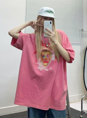 KKBBU印花小丑粉色短袖男女宽松t恤新款美式做旧情侣夏季半袖上衣