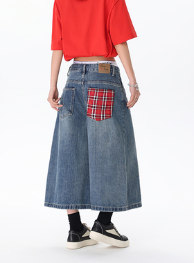 KKBBU美式复古格子拼接牛仔短裤女夏季设计感宽松显瘦阔腿七分裤