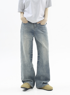 KKBBU复古水洗cleanfit蓝色直筒牛仔裤潮牌男女美式阔腿休闲长裤