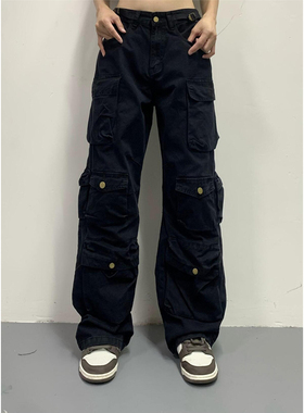 KKBBU美式多口袋复古阔腿宽松牛仔裤绿色街头直筒工装裤男女百搭