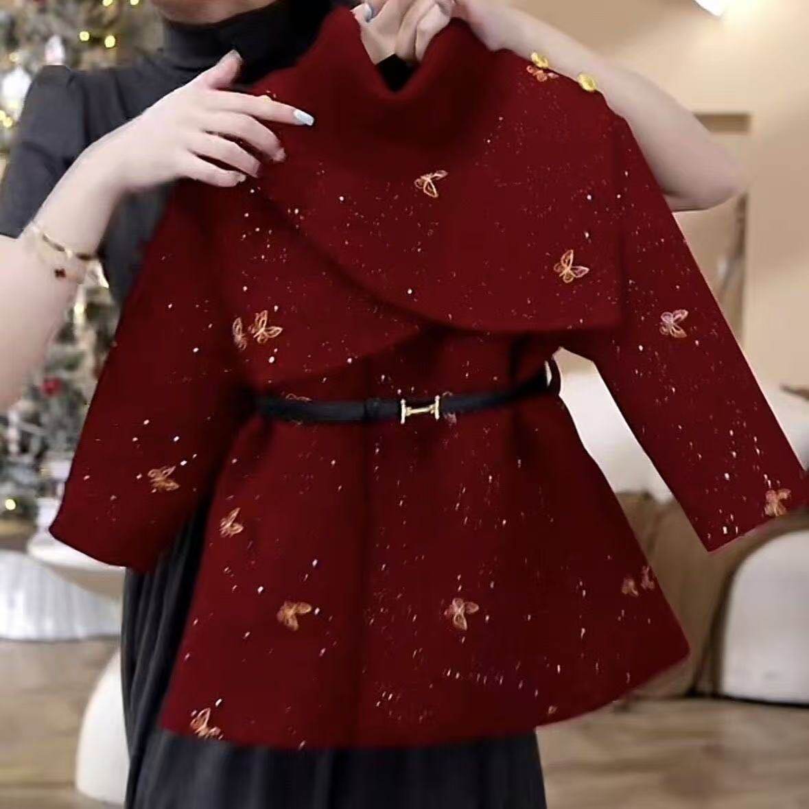 女童冬季加绒毛呢子大衣2025新款中大童儿童红色拜年服小女孩外套