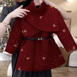 女童冬季加绒毛呢子大衣2025新款中大童儿童红色拜年服小女孩外套