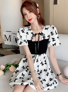 法式初恋甜美连衣裙女夏小清新蝴蝶结泡泡袖系带高腰显瘦A字短裙