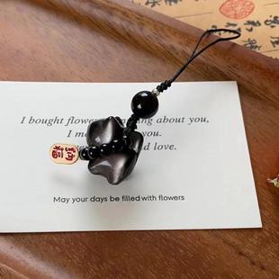 天然银曜石猫咪手机挂件纳福招财可爱水晶包包钥匙扣挂饰项链吊坠