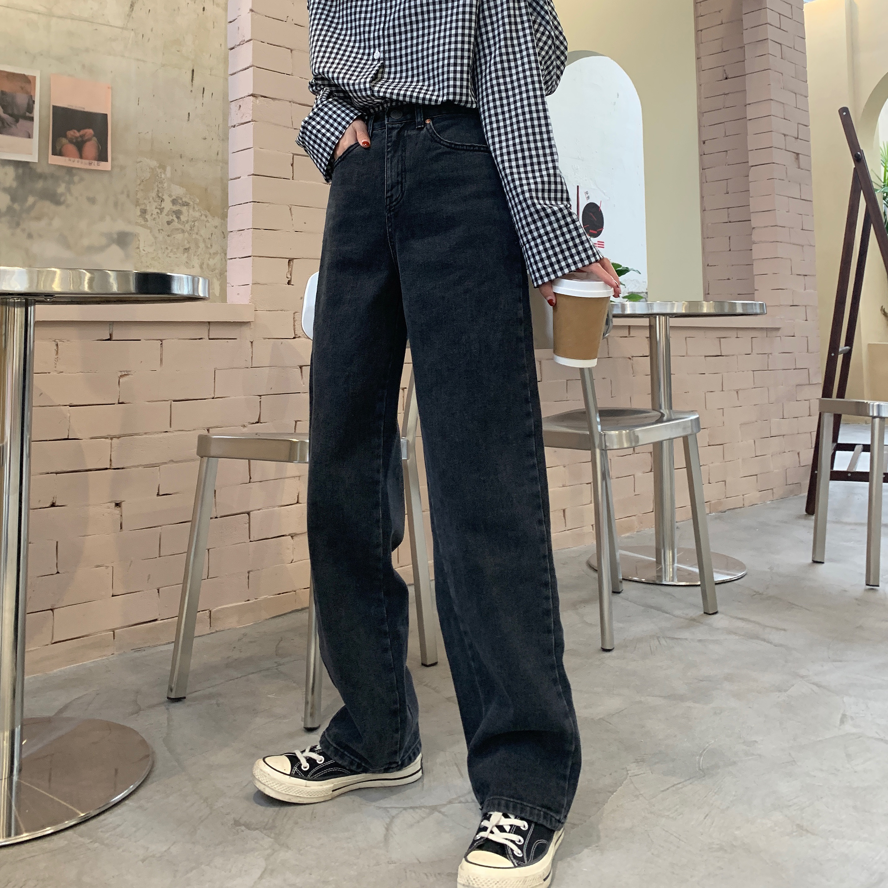 Real price autumn and winter Retro Black Grey loose straight tube jeans pants woman