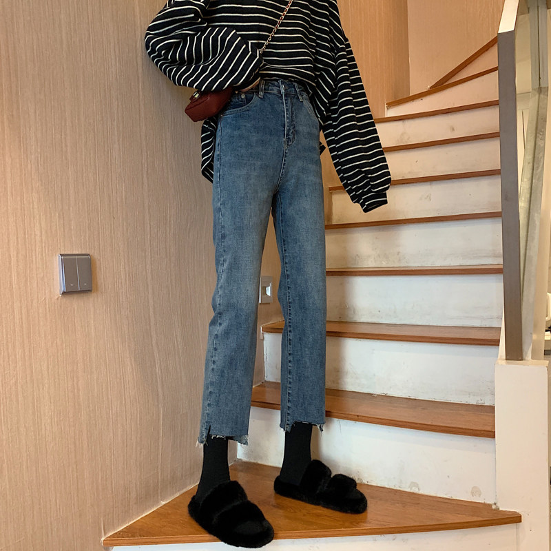 Real price autumn and winter new high waist elastic retro denim small straight tube pants