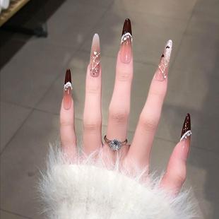 爆闪圣诞新年纯手工穿戴甲B148款 Vivian冰透酒红法式 酒渍布雷