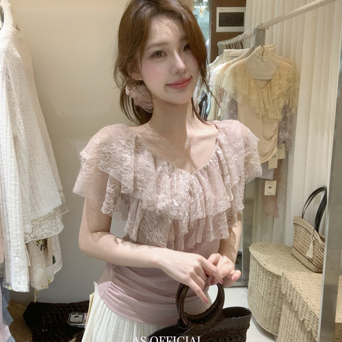 AS OFFICIAL-纪主推高光品必眼爱敲仙soft芭蕾感纱纱花边v领小衫
