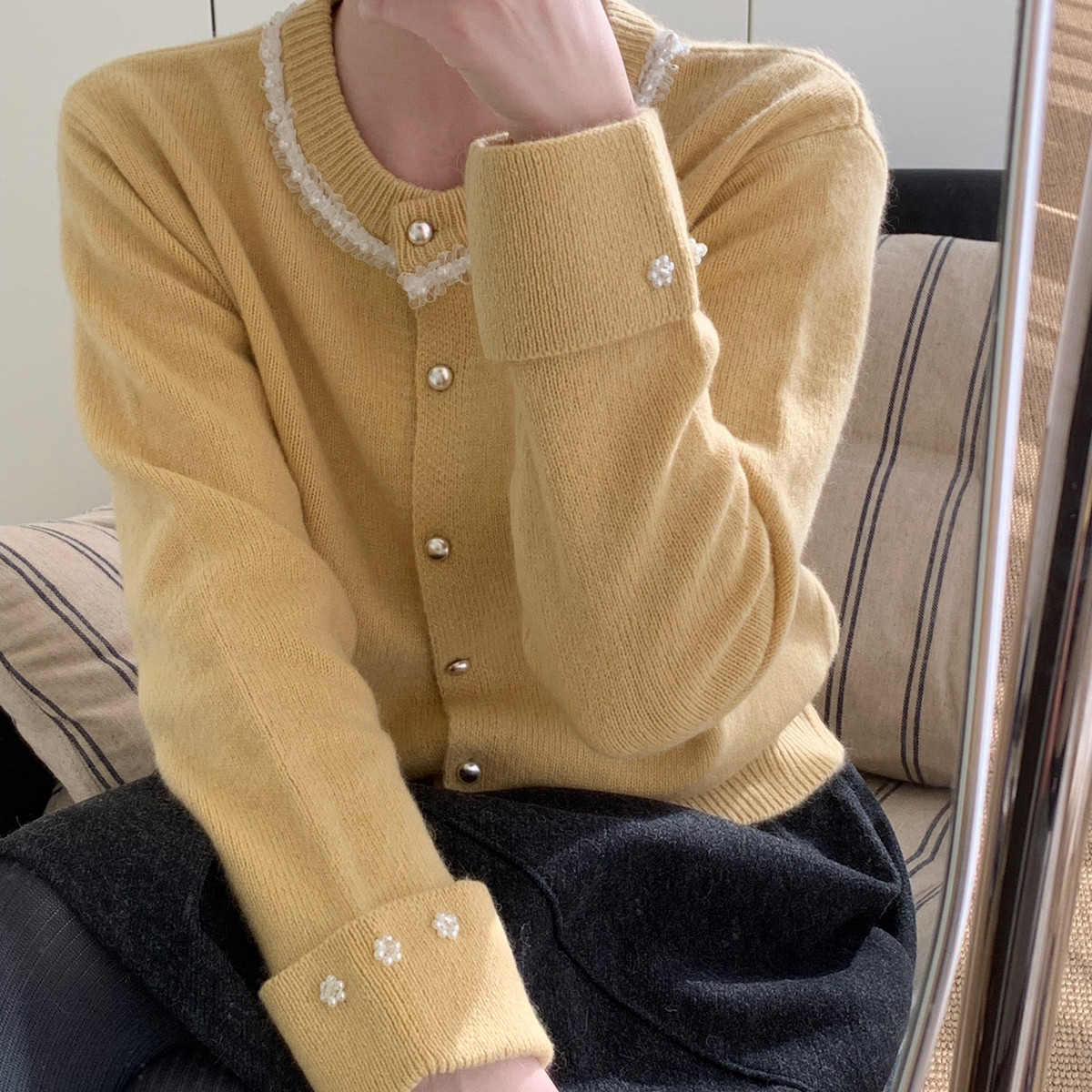 MUUTIS牧缇-典不过时圆领花边阿拉善骆驼针织开衫