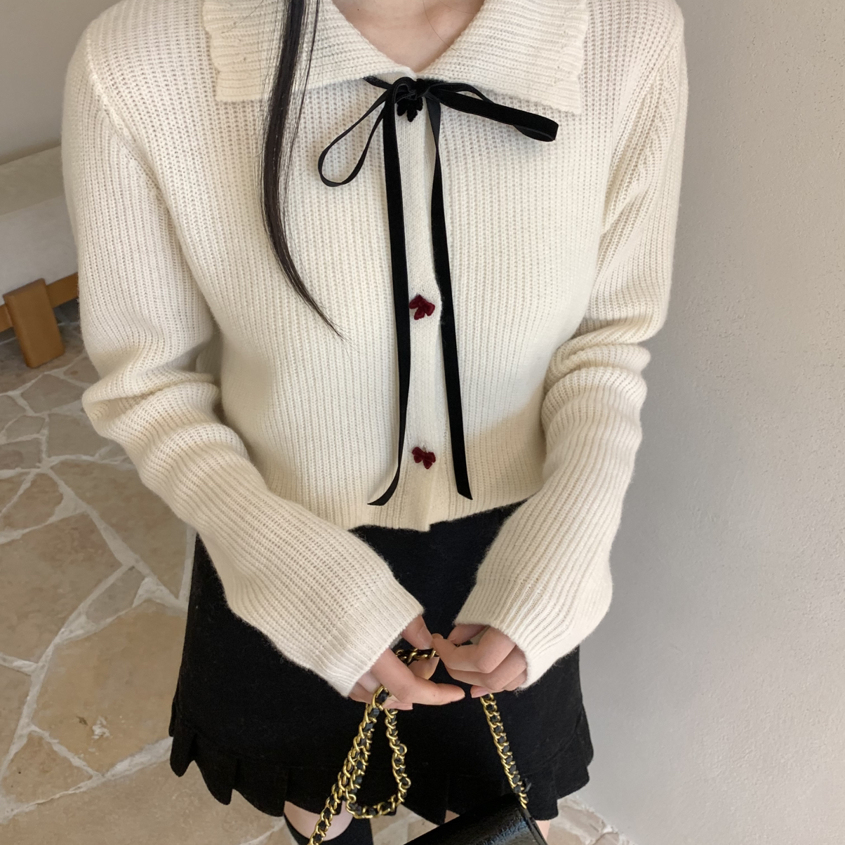 SHEEP.-韩系全毛翻领系带蝴蝶结扣保暖毛衣（含100绵羊毛）