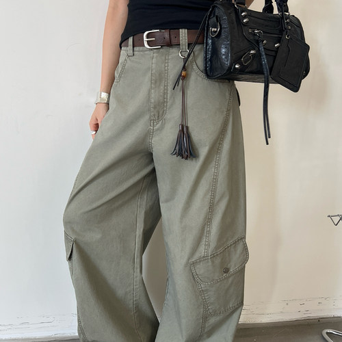 T-PLATFORM-弯刀拖地裤女夏季美拉德街潮帅气休闲牛仔裤(配皮带)