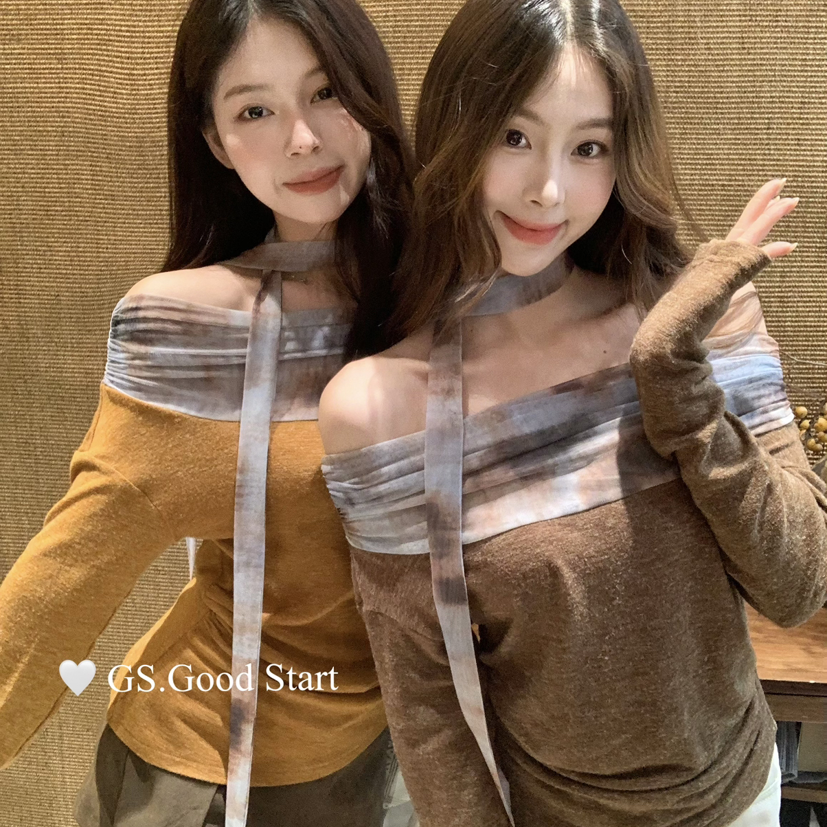 GS.GOOD START-不停秋季浪漫气质晕染撞色磨毛小衫(配可拆卸飘带)