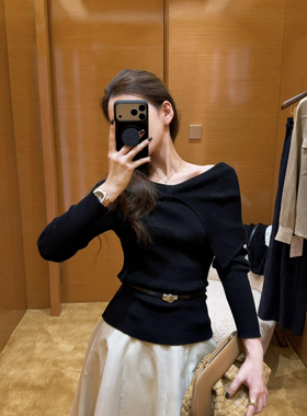 EASE-搭一字肩纯色百搭针织衫(配腰带)(绝美气质漂亮)