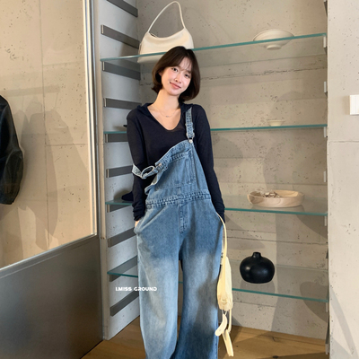 IMISS-春上新韩标简约休闲百搭牛仔背带裤