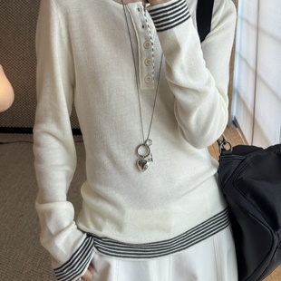 针织衫 卢浮Sei半开襟条纹撞色拼接修身 长袖