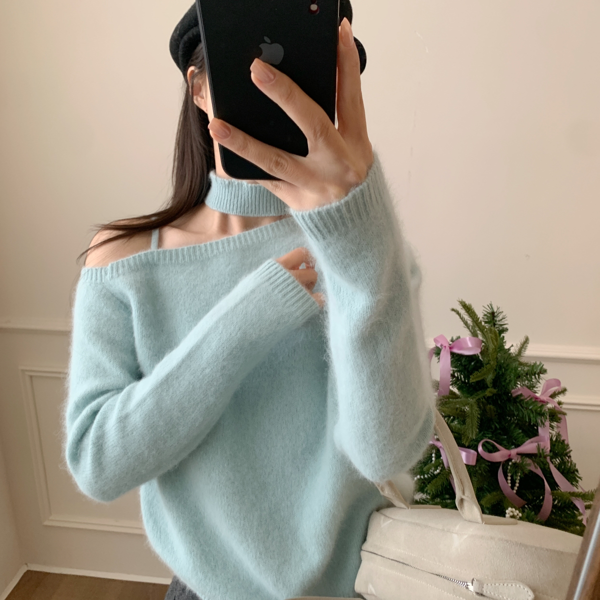 芭妮Bonnet-气质一字领保暖毛衣(配脖领)