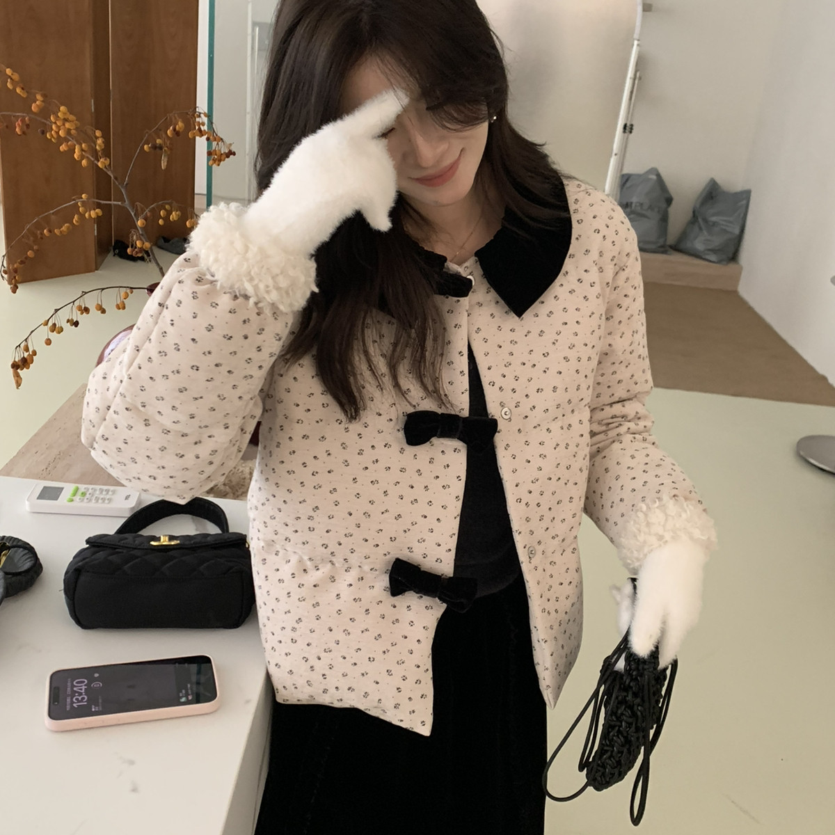 u.mi-冬上新爆款波点丝绒拼接新国标保暖羽绒服外套