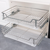 9年老店拉篮厨房橱柜碗篮304不锈钢双层抽屉式 放碗碟篮调料架阻尼