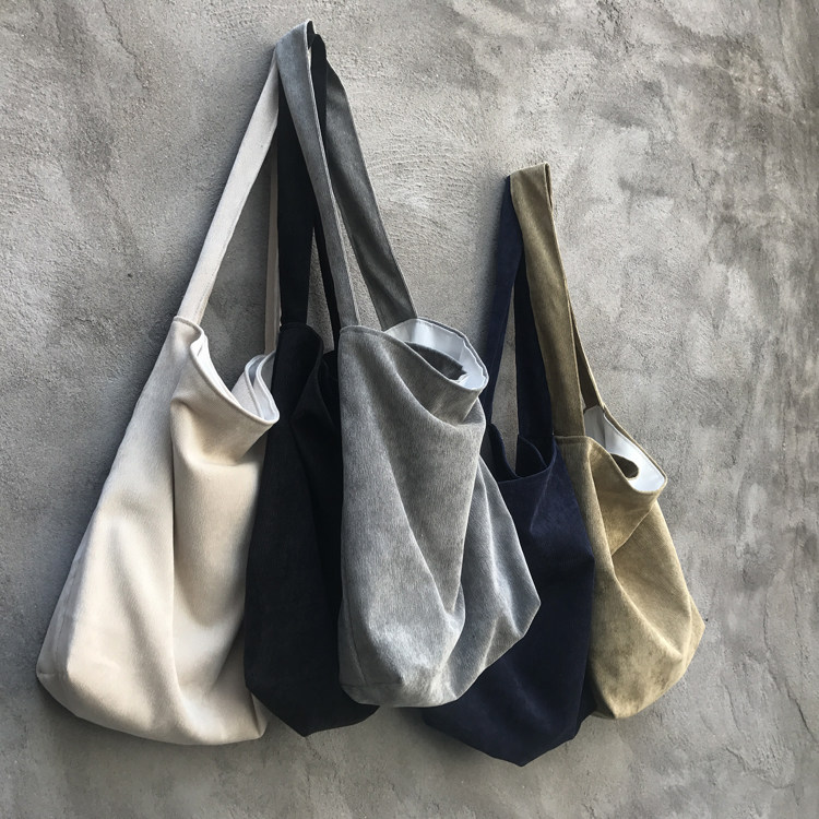 ins日韩秋冬复古文艺布袋子女书包纯色灯芯绒单肩斜挎布包包拉链