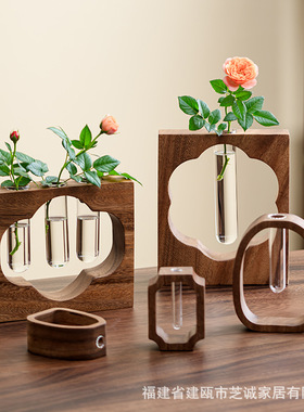 胡桃木实木水培花器桌面摆件迷你玻璃植物插花器花瓶家居玻璃花插