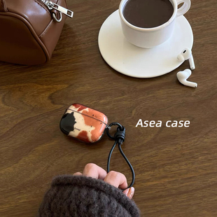 Asea小众ins复古琥珀撞色泼墨适用airpods pro2皮质挂绳耳机套苹果二/3/4代无线蓝牙保护壳新款女个性男