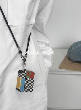 Asea小众ins复古几何方块适用airpods pro3斜跨耳机套苹果2/三/4代无线蓝牙保护壳新款女挂绳男皮质防摔