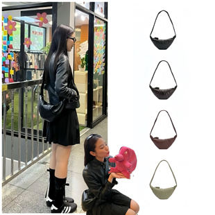 jennie牛角包女真皮亮面手提网兜可颂包慵懒风渔网编织单肩斜挎包