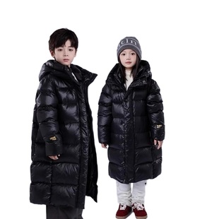 儿童黑金羽绒服男女童长款过膝2025年新款冬季加厚外套保暖姐弟装