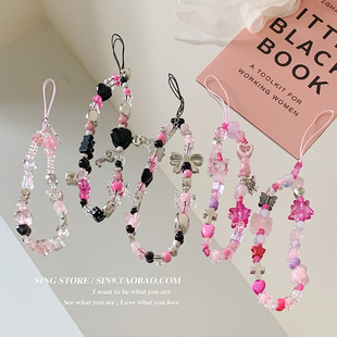 韩国ins玫红辣妹y2k手机链短款串珠链条ccd相机挂绳少女手腕挂饰