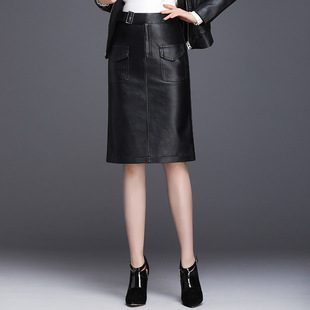 气质中长款 高腰修身 半身裙一步裙 PU皮A字裙2022年秋冬款 简约时尚