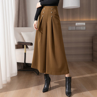 大码 裙高腰排扣阔腿裤 西装 裤 一件代发 秋冬新款 九分大脚甩裤 毛呢裤