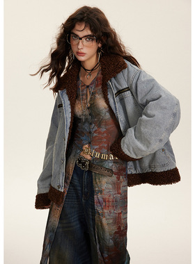 STAFFPICK复古美式毛领夹棉短款牛仔外套男女羊羔绒加厚情侣棉衣