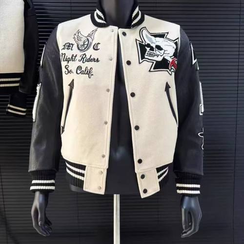 美式跨境骷髅骑士棒球服Cleanf风格修身立领拼皮短款外套夹克外套