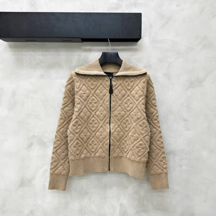 高翻领菱格老花立体浮雕针织开衫 拉链毛衣外套女 25年秋冬新款