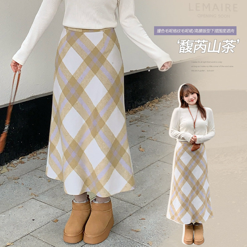 63591丨复古撞色格纹毛呢半身裙冬季胖mm大码女装高腰A字格子长裙