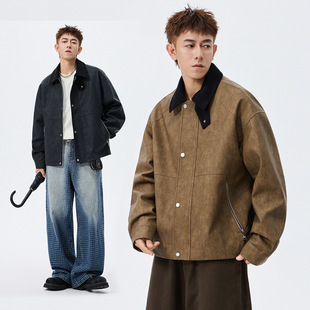 男装 ACU男装 休闲时尚 工装 2025秋冬撞色翻领PU皮衣外套男夹克美式