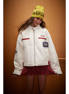 STAFFPICK美式复古皮衣机车潮酷棉服冬季街头撞色夹棉皮棉衣外套