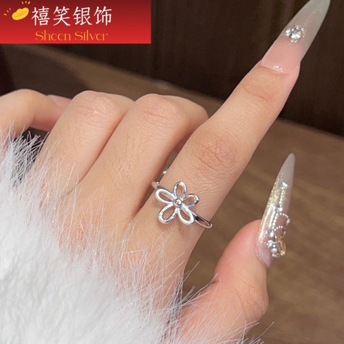 禧笑925银戒指女简约小众设计感花朵指环食指戒指开口纯银戒指