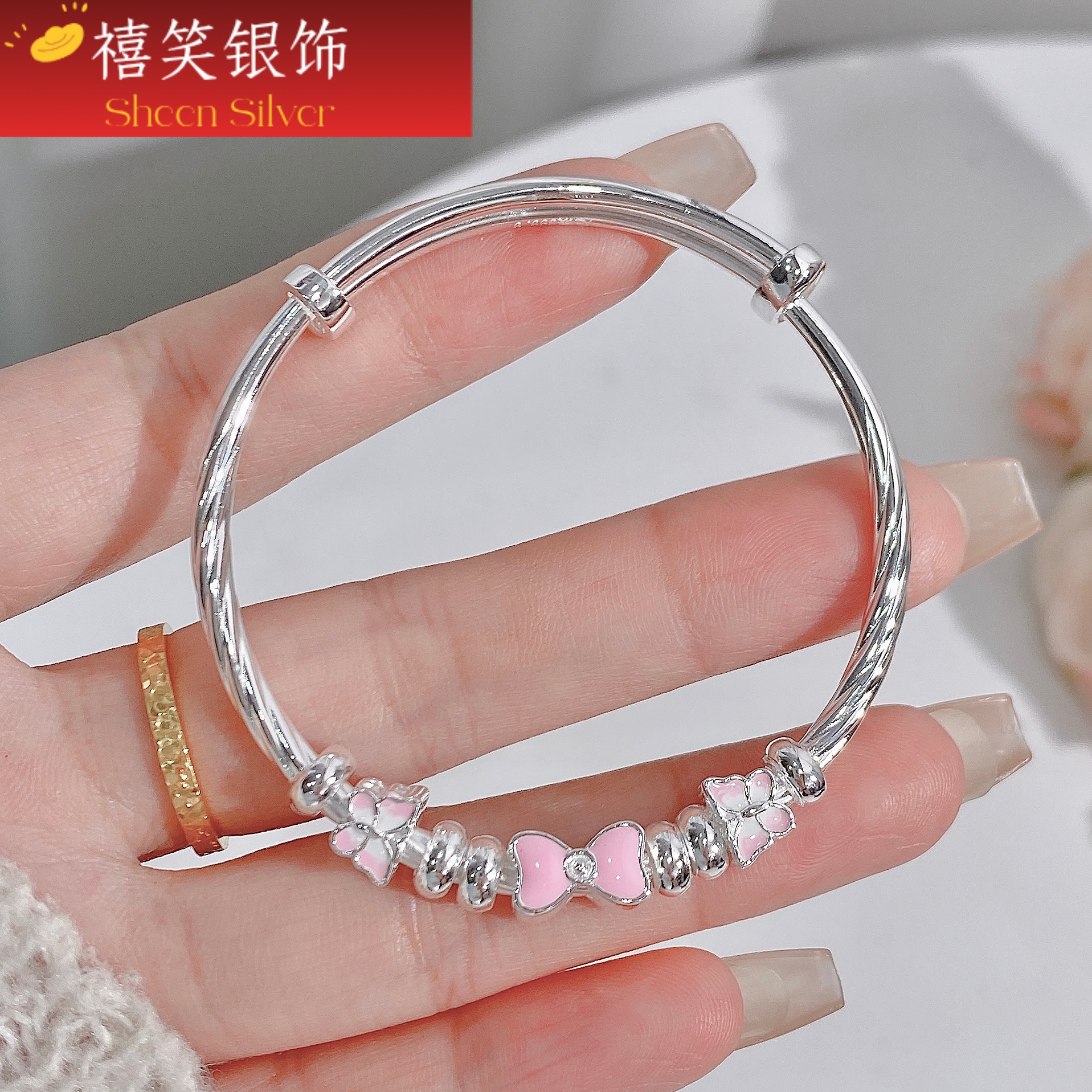 禧笑9999足银手镯女童6-12岁蝴蝶纯银手镯宝宝小孩银镯子生日礼物