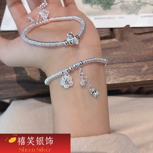 禧笑足银9999有钱花招财猫盘缠手链可爱招财纯银手链女友闺蜜礼物