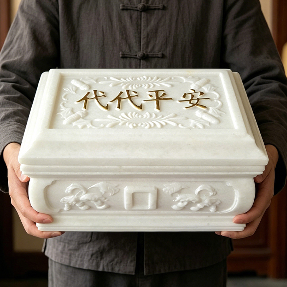 汉白玉石骨灰盒寿盒雕花白色殡葬用品整石挖空一体构造代代平安