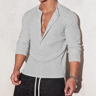 欧美半开扣亨利衫男棉质透气宽松长袖t恤休闲工装运动上衣polo衫