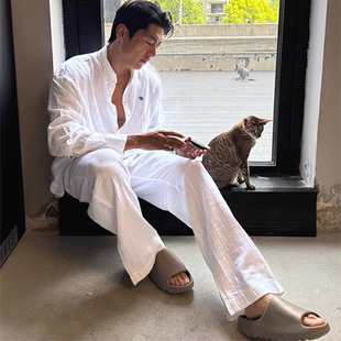 美式棉麻衬衫套装男薄款透气宽松长袖防晒开衫亚麻休闲长裤两件套