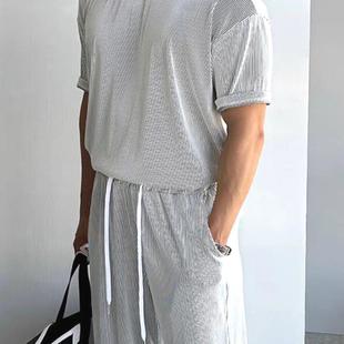 欧美硬汉风休闲运动套装男冰丝螺纹短袖t恤褶皱肌理感长裤两件套