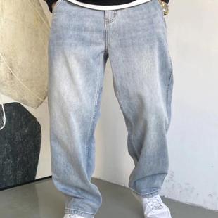 老爹裤 休闲百搭工装 男高级感宽松廓形长裤 欧美复古怀旧浅蓝牛仔裤