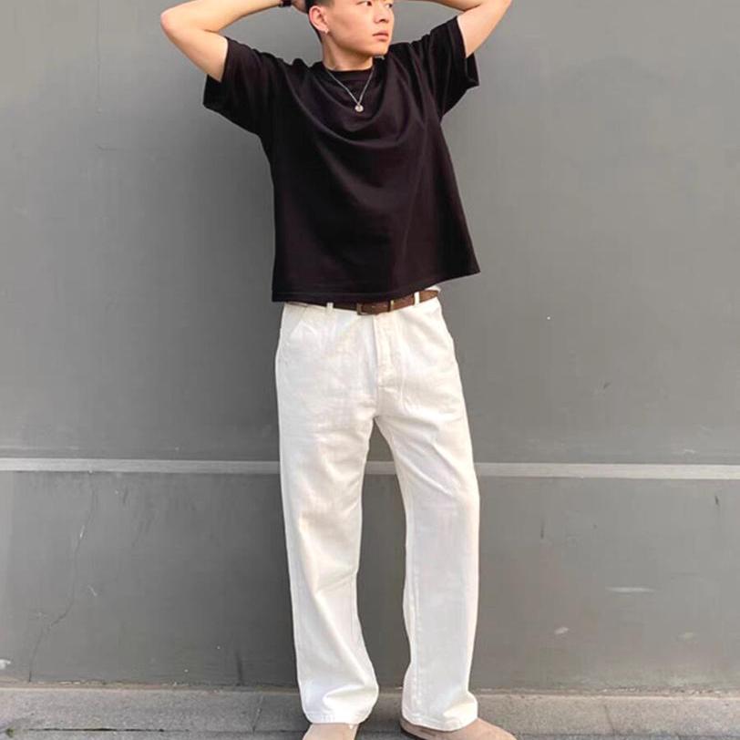 白色弯刀软牛仔裤男宽松