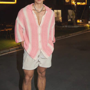 欧美硬汉镂空针织开衫 男高级感宽松冰丝衬衣凉薄透气条纹衬衣外套